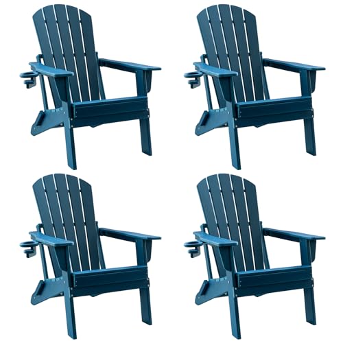 Upland HDPE Folding Adirondack Chair with Cup Holder,Weather-Resistant, Low Maintenance,Supports up to 400lbs,Navy Blue,4 Pack