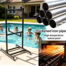 Asiwnshw 2-Tier Pool Float Storage, Outdoor Holder Pool Side Organizer, Rolling Pool Float Storage Organizer w/Wheels & Crossbar, Suitable for Swimming Equipment & Accessories(Black,Small)