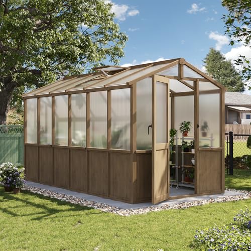 Aoxun 6x12 FT Wooden Greenhouse for Outdoors, 6MM Thick Polycarbonate Panel Walk-in Green House Kit with Adjustable Roof Vent and Lockable Door, Heavy Duty Cedar Greenhouse, Backyard Garden, Gray