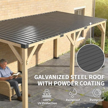 10' x 20' Wooden Gazebo, Hardtop Lean to Pergola with Galvanized Steel Sloped Roof, Heavy Duty Wood Carport Grill Gazebo for Patio, Backyard, Garden, Light Walnut