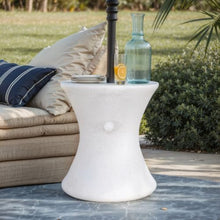 MPG Planters Oyster White Stone Round Plaster Outdoor Bistro/Umbrella Table