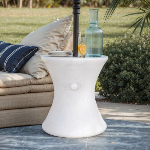 MPG Planters Oyster White Stone Round Plaster Outdoor Bistro/Umbrella Table