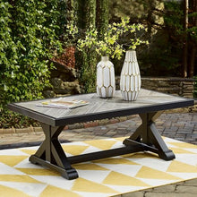 Signature Design by Ashley Beachcroft Farmhouse Weather and Rust Resistant Outdoor Coffee Table with Porcelain Tabletop, Black & Light Gray