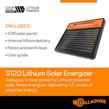 Gallagher S120 Lithium Solar Fence Charger | 1.2 Joule Energizer Powers Up to 35 Miles or 120 Acres | Solar Lithium Iron Phosphate Battery | Adaptive Power Control | Portable and Weather Resistant