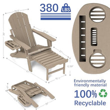 FOOWIN Adirondack Chair with Retractable Ottoman, Adjustable HDPE Folding Chair Set of 4, All-Weather Resistant, Brown
