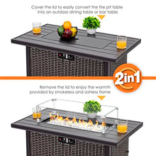 Nuu Garden Outdoor 43 Inch 50,000 BTU Propane Gas Fire Pit Table, Aluminum Tabletop and PE Rattan Weaved Steel Frame, Water-Proof Oxford Cover, Glass Fire Pit Wind Guard, Glass Beads, Lid, Dark Brown