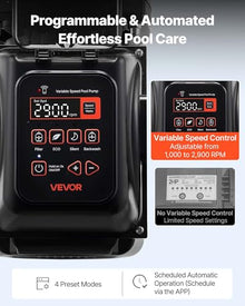 VEVOR Variable Speed Pool Pump, 1.5 HP, AC 220-240V, 132 GPM, In/Above Swimming Pool Pump with Filter Basket, Powerful Self Priming, Programmable Timer, for Inground and Above Ground Swimming Pool