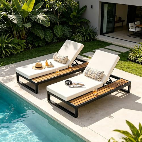 2 PCS Outdoor Acacia Wood Chaise Lounge with Cushions for Poolside, Lawn