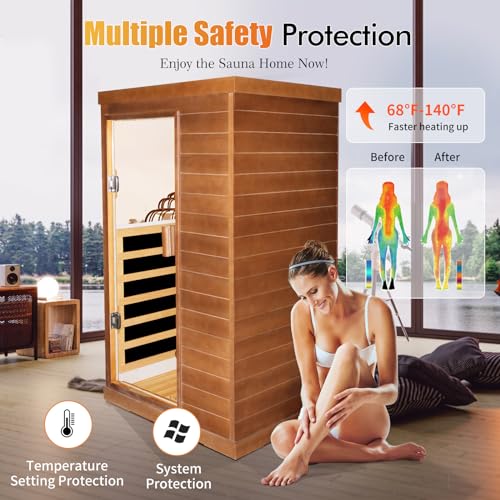 OUTEXER Far Infrared Sauna Home Spa Low-EMF Canadian Hemlock Wood 800W Red 35.2*27.6*61.6Inch