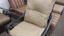 Santa Anita Outdoor Patio 6 Swivel Rocker Chairs and Round 52" Fire Pit Coffee Table Dark Bronze Cast Aluminum Premium Fabric Linen Sesame Cushions