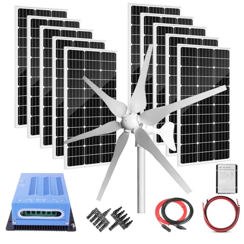 1400W 12V 24V Wind Solar Power System : 10 pcs 100W Rigid Glass Solar Panels + 400W Wind Turbine Generator+MPPT Solar Charge Controller with Cables Hybrid System for Farm Home Cabine RV Off Grid