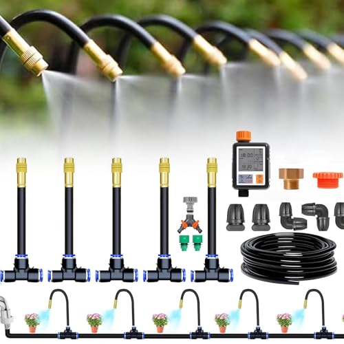 Irrigation System Kit, Quick Connector Automatic Garden Watering System for Outdoor Plants, 3/4'' + 1/2'' Tubing DIY Greenhouse Drip Irrigation Kit for Lawn, Flower Beds, Patio,50m/164ft+Timer