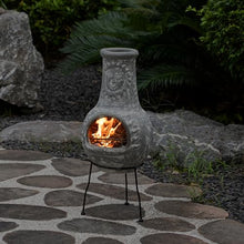 Outdoor Clay Chiminea Fireplace Sun Design Wood Burning Fire Pit with Sturdy Metal Stand, Barbecue, Cocktail Party, Cozy Nights Fire Pit, Gray