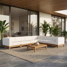 Outdoor Escape White Fabric Outdoor Patio Modular Sectional, Acacia Wood Finish, All-Weather Cushioned Seating, Durable Frame, Contemporary Style