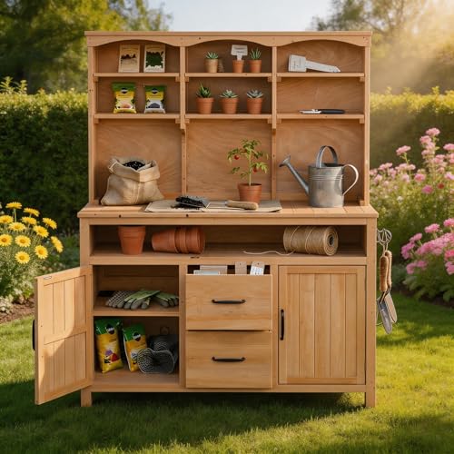 65 Inch Garden Potting Bench with Hutch Top, Natural