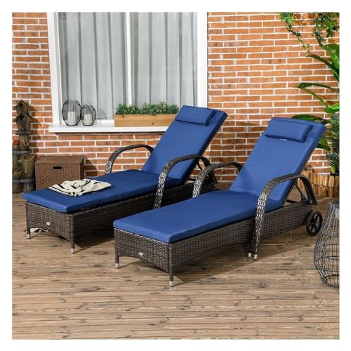 Pool Patio Chaise, 2 Pieces Patio PE Wicker Chaise Lounge with Wheels, Adjustable Backrest PE Rattan Pool Lounge Chair with Wheels,Outdoor Patio Furniture Set, for Outside Sunbathing Camping Beach