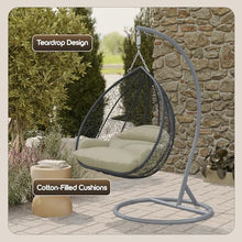 LeisureMod Hanging Egg Chair with Stand for Indoor Outdoor Wicker Patio Swing Chair Open Weave Basket Design with Cushion Metal Frame for Patio Garden Balcony (Grey Frame Taupe Cushion)
