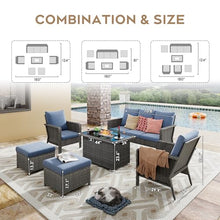 Yechen Patio Conversation Set with 44" Propane Fire Pit Table - 6 Pcs Blue Wicker Outdoor Furniture