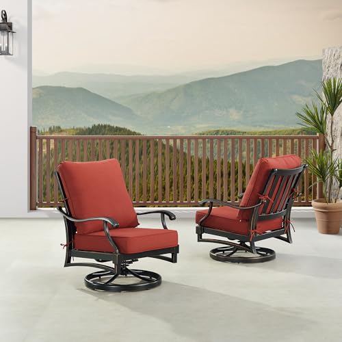Oakland Living Pair of Black Aluminum Patio Deep Seating Swivel Rocker Club Chairs with Red Cushions
