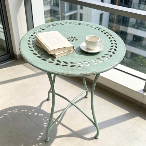 Labasuan Vintage Distressed Cast Iron Round Side Table, 24.4in Weather Resistant Patio Coffee Table, Hollow Pattern Outdoor Accent Table for Balcony Garden Backyard Indoor Plant Stand(Green)