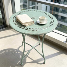 Labasuan Vintage Distressed Cast Iron Round Side Table, 24.4in Weather Resistant Patio Coffee Table, Hollow Pattern Outdoor Accent Table for Balcony Garden Backyard Indoor Plant Stand(Green)