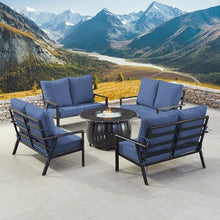 Oakland Living Black Aluminum Patio Fire Table Set with Four Deep Seating Loveseats with Cushions with Blue Cushions