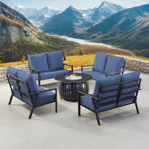 Oakland Living Black Aluminum Patio Fire Table Set with Four Deep Seating Loveseats with Cushions with Blue Cushions