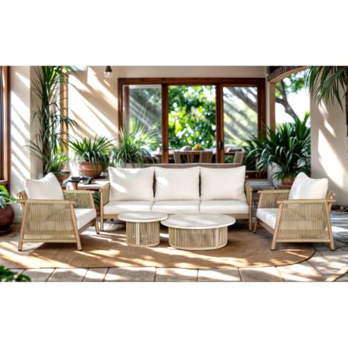Hassyee 5 Pieces Elegant PE Rattan Conversation Set with Two Round Coffee Table and Removable Cushions for Poolside, Outdoor Furniture Set with Woven Wicker Backrests & Armrests for Backyard