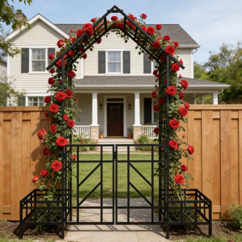 Metal Garden Arbor with Gate, Heavy Duty Garden Trellis for Climbing Plants, 80.7''W x 97.2''H Outdoor Archway Flower Arches Wedding Arbor for Bridal Party Garden Decor - Black