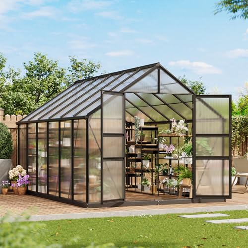 8x12 FT Greenhouse for Outdoors, Polycarbonate Greenhouse with Roof Vent, Ground Nails, Lockable Push Door, Aluminum Large Walk-in Green House for Outside Garden Backyard, Patio, Lawn
