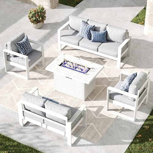 KHOLH 5 Piece Modern Aluminum Patio Furniture Set with Fire Pit Table Light Gray