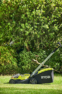 RYOBI 18 V ONE+ Hybrid Lawnmower RY18LMH37A-225 (Battery or Mains Operation, Cutting Width 37 cm, Includes 2 Batteries 2.5 Ah, Grass Collection Bag, 45 L, Mulchable, Cutting Height Adjustment)