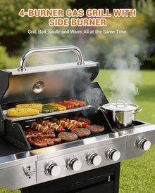 EUHOME 4-Burner Propane Gas BBQ Grill with Side Burner, 46,500 BTU Stainless Steel Outdoor BBQ with Enameled Cast Iron Grates & Side Tables for Patio, Backyard, and Outdoor Cooking