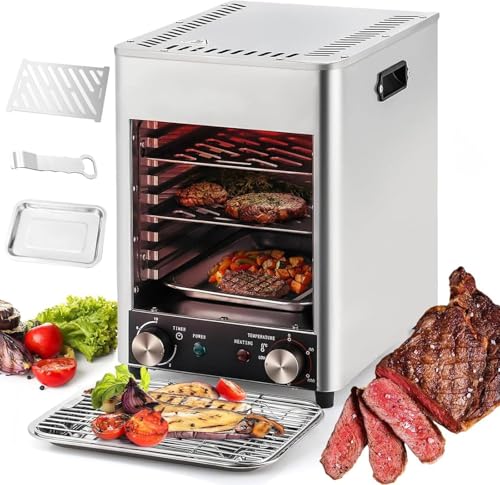 Electric Steak Broiler,200-800℃ Adjustable Temperature & 10Min Timer,Automatic Steak Smoker Grill, with Removable Plates, for Beef Chicken Vegetables