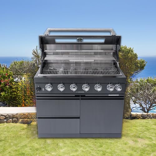 Six-Burner Outdoor Kitchen Gas Grill Station Stainless Steel Barbecue Cabinet Drawers Warming Rack Infrared Rear Heating,Motorized Spit,Halogen Lights,Grease Tray,Thermometer,Bottle Opener (Black)