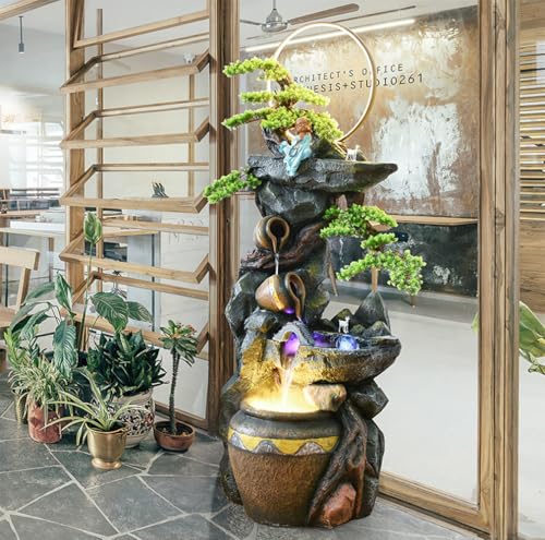 Rustic Pot Cascade Water Fountain with LED Lights – Indoor/Outdoor Decorative Waterfall Feature for Home and Garden(B Large)