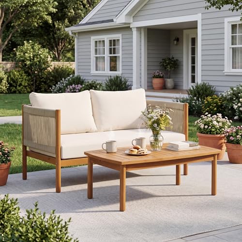 Merax Outdoor Loveseat & Coffee Table Set with Acacia Wood Frame in Teak Look, Beige Rope Panels & Cream Water-Repellent Cushions for Patio & Garden