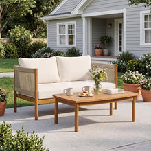 Merax Outdoor Loveseat & Coffee Table Set with Acacia Wood Frame in Teak Look, Beige Rope Panels & Cream Water-Repellent Cushions for Patio & Garden