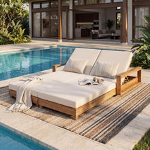 Christopher Knight Home Mari Acacia Wood Chaise Lounge Chair Outdoor, Spacious Double Outdoor Chaise Lounge with 3-Fold Cushions, 4 Position Adjustable Backrest Pool Lounger, Light Natural + Cream