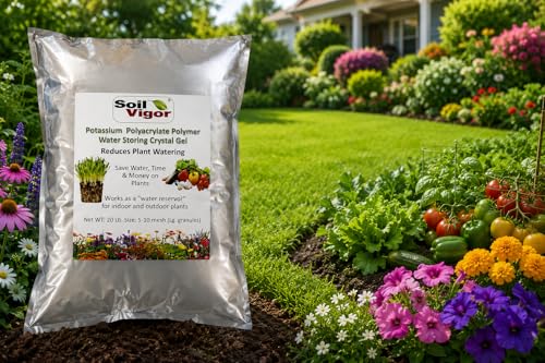 Potassium Super Absorbent Polymers: Moisture & Fertilizer Retention for Plants - Soil Vigor® SAP Water Storing Crystals | Reduce Watering & Fertilizer by 50% | For Gardens, Lawns & Indoor Plants 20 Lb