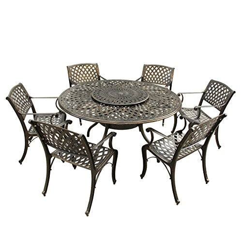 Oakland Living Contemporary Modern Outdoor Mesh Lattice Aluminum 59 inch Bronze Round Dining Set with Lazy Susan and Six Chairs