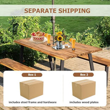LDAILY Acacia Wood Picnic Table with Umbrella Hole, 70’’ x 30’’ Outdoor Picnic Tables with Benches for 6-8 Persons, 1600 LBS Max Load, Metal Frame & 2" Umbrella Hole, Party, Garden, Yard, Patio, Lawn