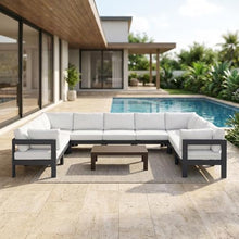 Outdoor Escape White Fabric Outdoor Patio Modular Sectional, Contemporary Style, Comfortable Back and Seat Heights, Spacious 150W X 90D Inches