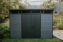 Keter Cortina 11x7 Ft All-Weather Storage Shed with Skylight, Window, Built-in Ventilation, Customizable Walls, & Lockable Double Doors, Graphite