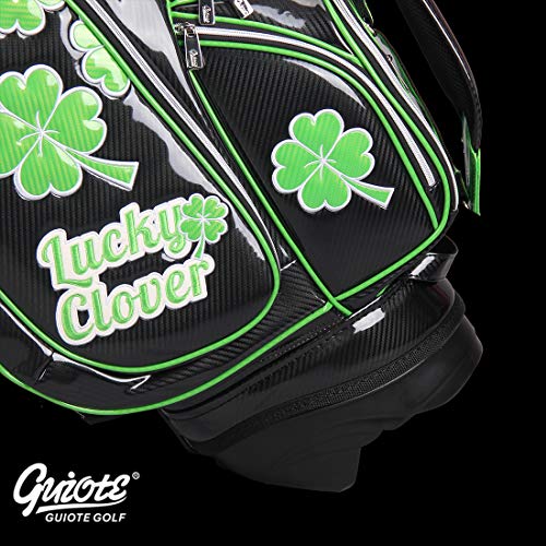 Guiote Golf Stand Bag Pu Leather Golf Carry Bag Embroidery Series 8-Ways 9.0" Black Lucky Clover