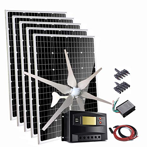 1000W 12V Wind Solar Power Kit for Motorhome: 5X 120W Monocrystalline Solar Panel + 400W Wind Turbine Generator + Charge Controller + Cable + Connectors