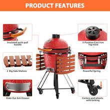 HAUSVITA 18‘’ Ceramic Grill, Portable Camping Grill with Cart and Side Shelves, Tabletop Barbecue Grill for Home Party and Outdoor Backyard Cooking, Blaze Red