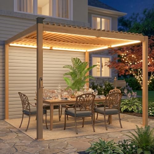 Outsunny Louvered Pergola with Solar LED Lights 10' x 10' Nature Wood