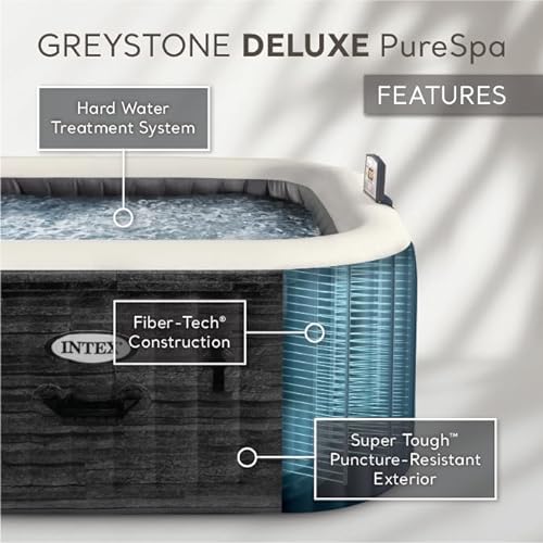 Intex PureSpa Plus 6 Person Inflatable 94" Square Outdoor Hot Tub Spa with 170 Bubble AirJets, Insulated Cover & LED Color Changing Lights Square Greystone