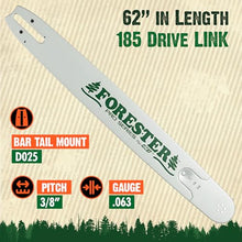 FORESTER 62" Professional Sprocket Nose Chainsaw Bar - 62in Length, 3/8” Pitch, 063 Gauge, D025 Mount, 185 Drive Link - Replacement Chain Saw Parts For Stihl